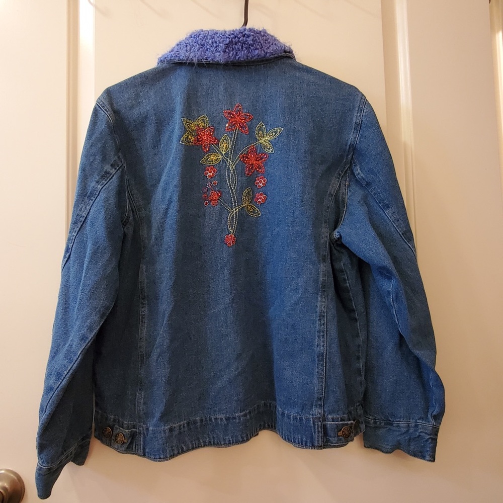 Vintage JANE ASHLEY Soft Mohair Yarn Collar, Sequin Flowered Denim Jacket